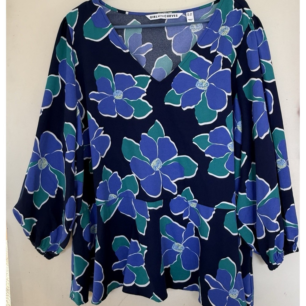 Womens Dark Floral Peplum Top Plus Sz 3X 3/4 Sleeve V Neck Stretch Office Flowy